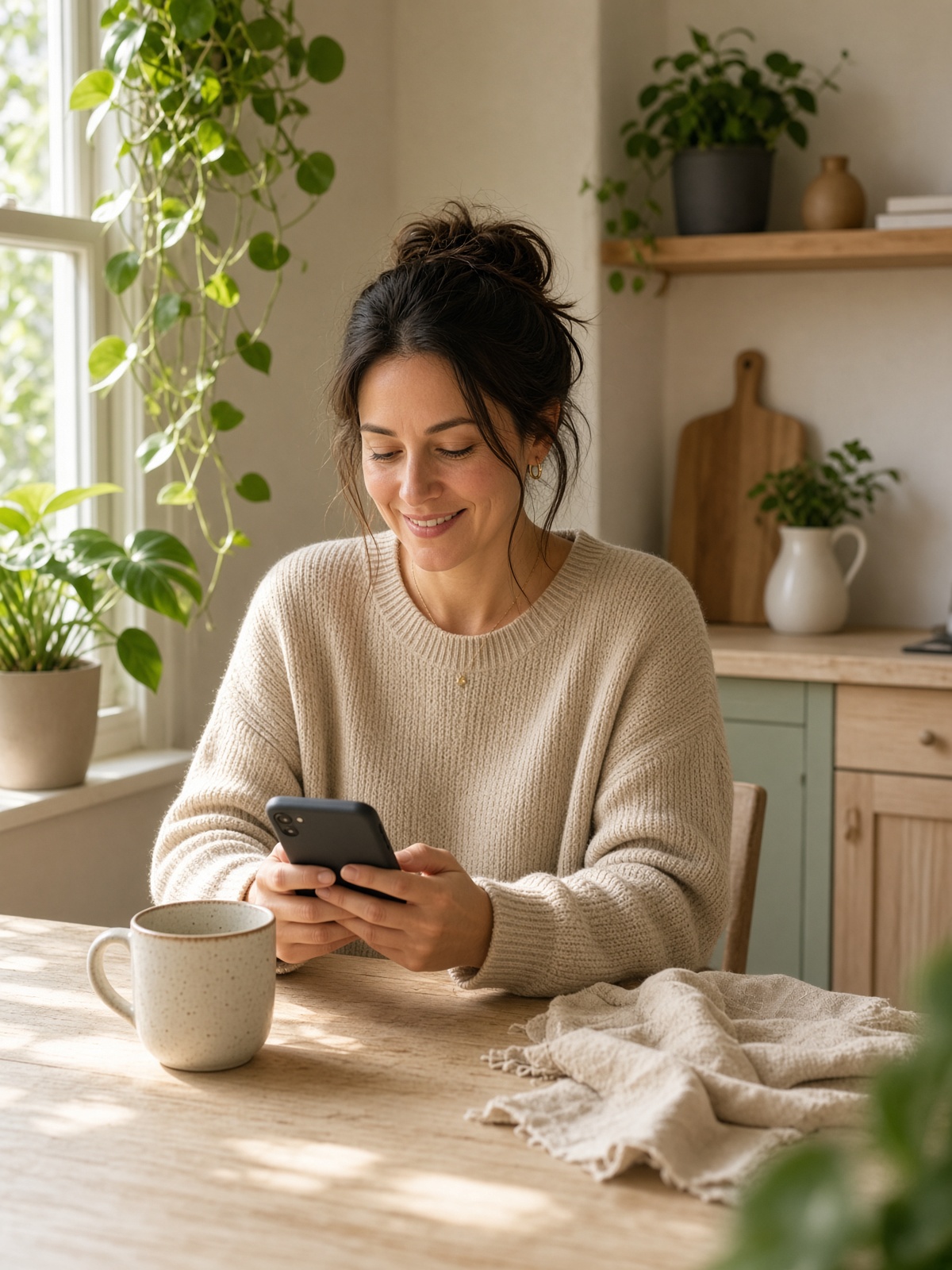 A partner at home smiling at a thoughtful text