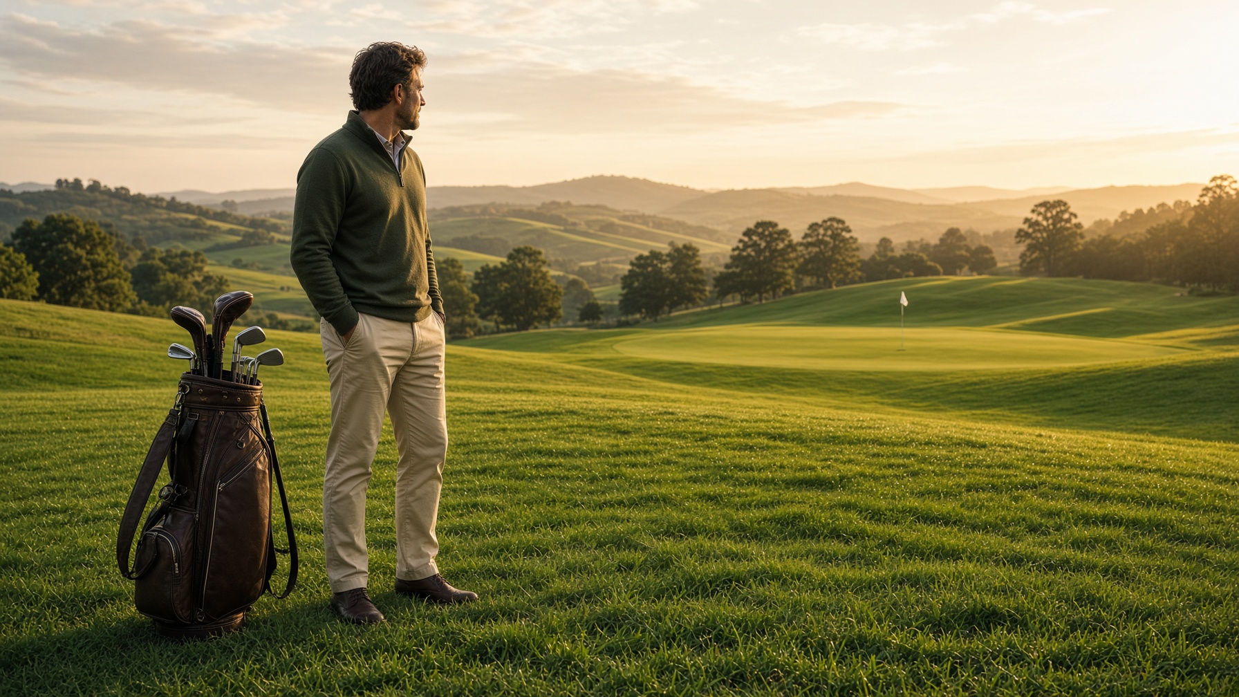 A golfer on a quiet fairway at golden hour, looking toward the green
